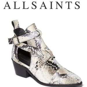 ALLSAINTS Ivory Leather Darcy Pointed Toe Cutout Snakeskin Ankle Boots Booties
